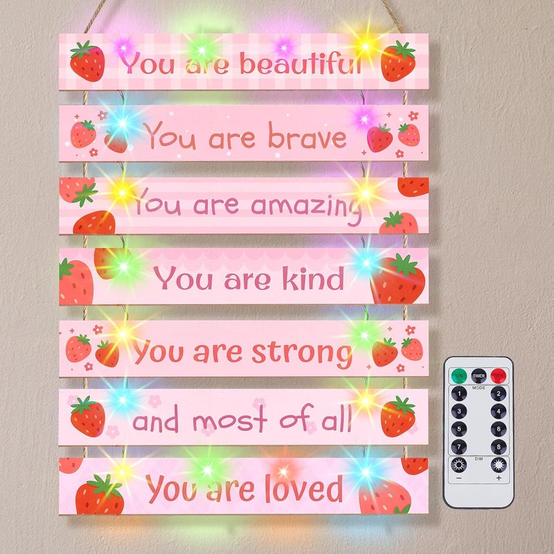 FIOBEE Girls Room Décor for Teen Girls Boys with LED Light Wall Decor for Bedroom Motivational Inspirational Wall Art Girl Room Decoration for Kids Studyroom, 8 Kinds of Lights, Pink Strawberry - Image 1